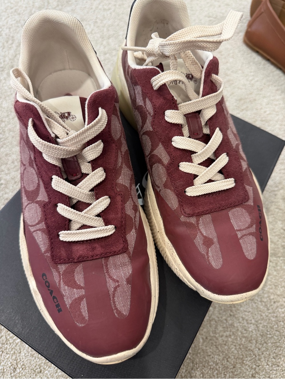 Coach Men's Burgundy and Cream Signature Lace-Up Sneakers